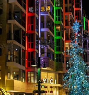 a christmas tree in front of a building with lights