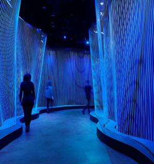 osoba procházející místností s modrými světly