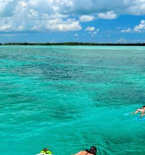 two people swimming in the water in the ocean