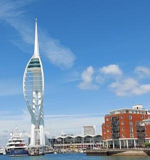 a view of the spinnaker tower in a city
