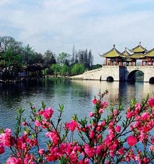 一座横跨水面、开满粉色花朵的桥