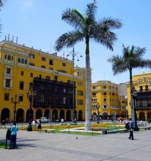 一栋黄色建筑，前面有棕榈树