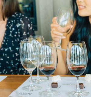 两位女士坐在桌边，手拿酒杯