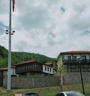 a building with a flag in front of it