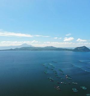 一大片水域的鸟瞰图，船上停泊着船只