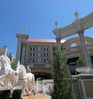 socha bílých koní před budovou