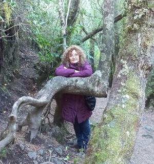 eine Frau umarmt einen Baum auf einem Pfad