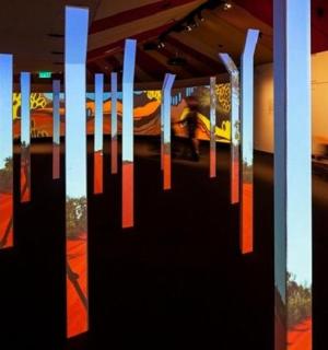 a reflection of a room with a slide