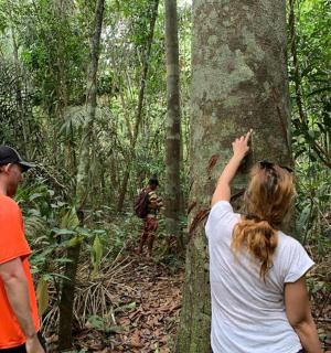 two people standing in the forest pointing at a tree