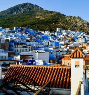 拥有蓝色建筑和山脉的城市景观