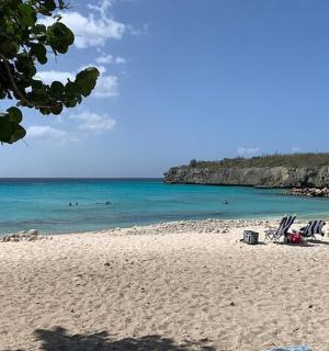 有椅子的海滩和在海里游泳的人