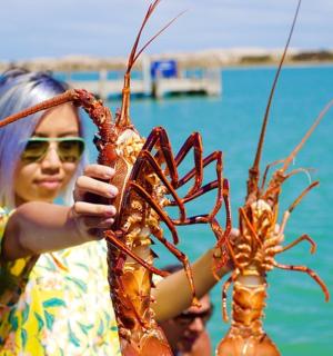 一名女子在水前举着一只龙虾