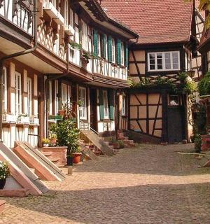 一座有木门的老建筑的庭院