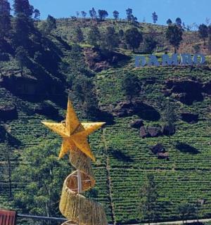 山丘上有一颗巨大的黄色星星，山上有一片田野