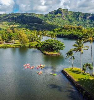 Skupina lodí na jezeře s palmami