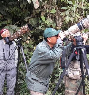两个男人通过三脚架上的相机观察