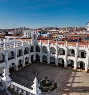an old building with a view of a city