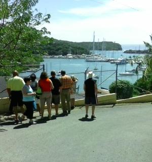 一群人站在人行道上望着港口