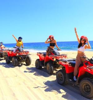 一群人在海滩上骑着四轮摩托车