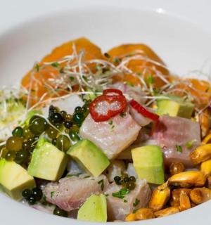 一个白色的碗,里面装满了肉和蔬菜沙拉