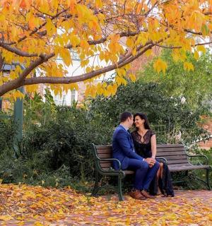 muž a žena sedící na lavičce pod stromem