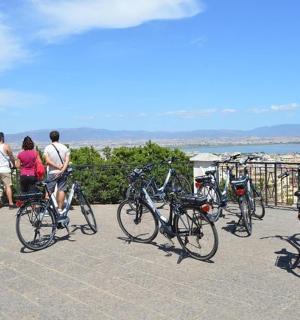 a group of bikes parked next to a fence