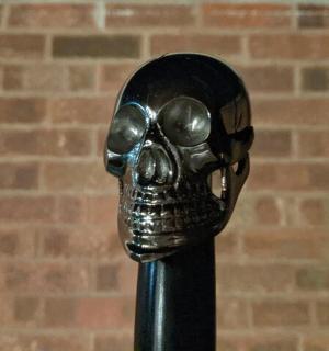 砖墙前杆子上的金属头骨
