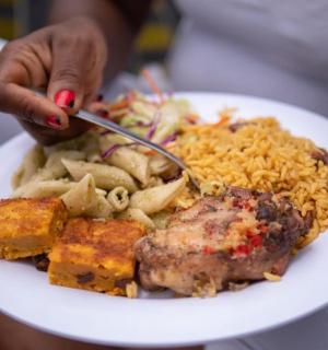 osoba jedząca talerz jedzenia z ryżem i mięsem