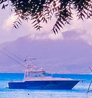 水中的小船,背景是一座山