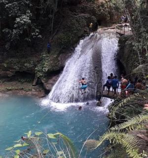 一群人在瀑布里游泳