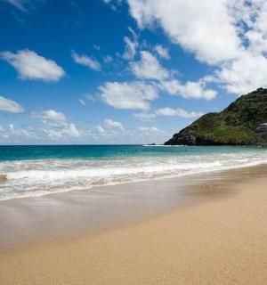 화창한 날 바다가 보이는 모래사장