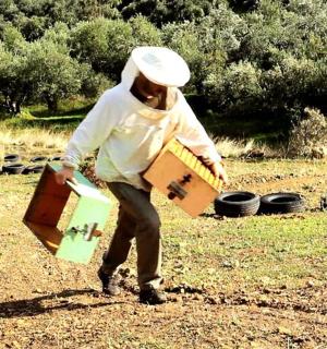 田野里拿着盒子的男人