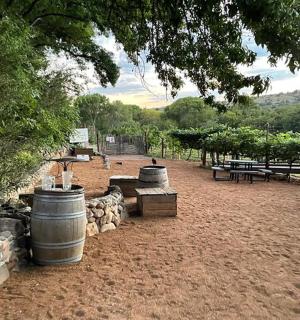 piknikové místo se dvěma velkými sudy a kamennou zdí