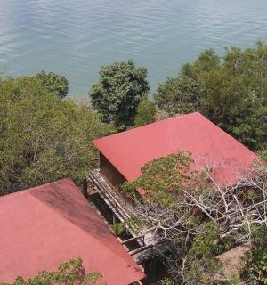 两个红色屋顶和水的俯视图