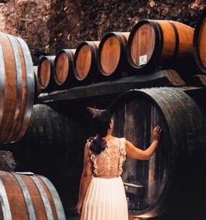 一名身穿连衣裙的女子站在桶内