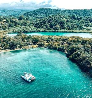 a boat in the middle of a large body of water