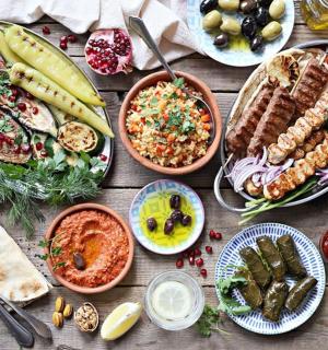 a table with many different types of food on it