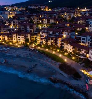 an aerial view of a city at night