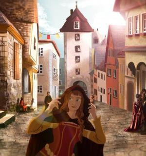 一幅描绘一名女子在街上行走的画