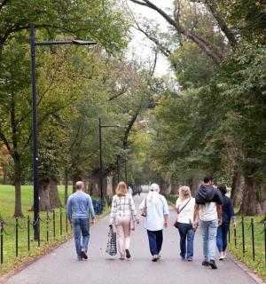 skupina lidí jdoucích po chodníku v parku