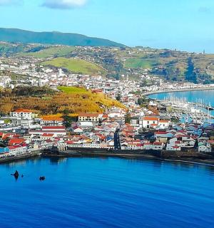 an aerial view of a town and a body of water