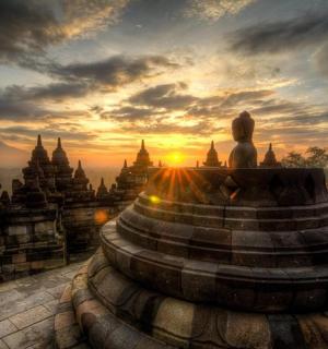 a view of a sunset from a temple