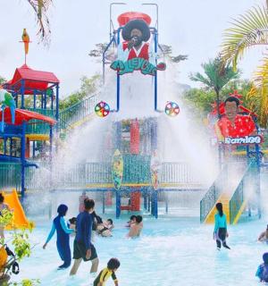 a group of children playing in a water park