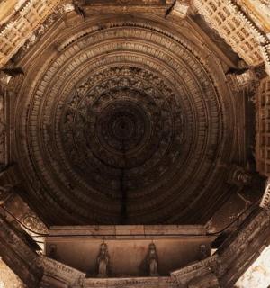 an overhead view of a building with a large archway
