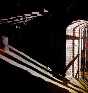 一间有砖墙和大门的黑暗房间