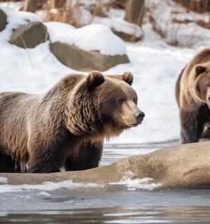 两只棕熊站在雪地里的水中