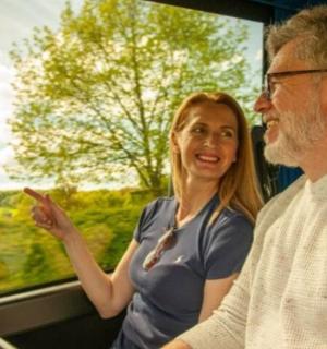 una dona asseguda al costat d'un home en un tren