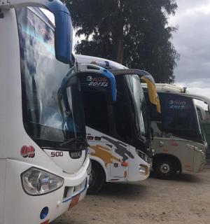 two white buses parked next to each other