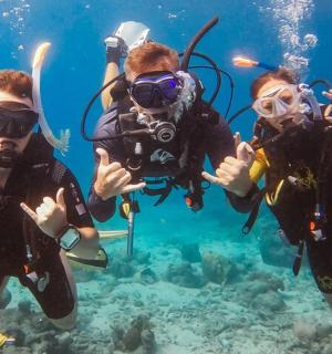 一组三人在海里潜水