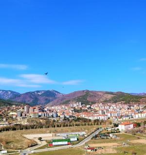 une vue d'une ville avec des montagnes en arrière-plan